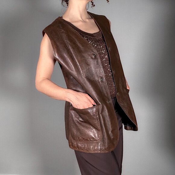Vintage Long Brown Leather Vest by Jofama of Sweden - Picture 2 of 9